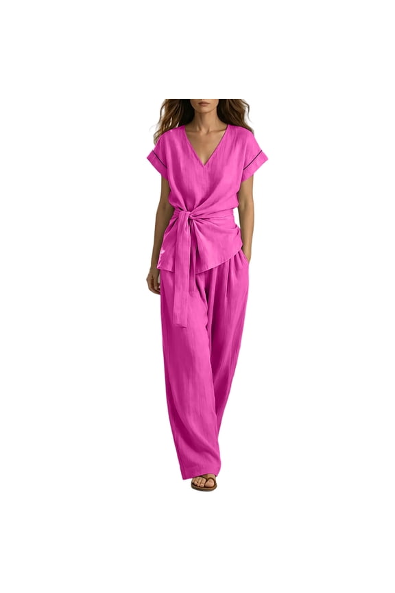 Two Piece Sets for Women Summer Spring Travel Vacation Outfits V-Neck Wrap Tie Waist Short Sleeve Tops Linen Blend Wide Leg Pants S-3XL