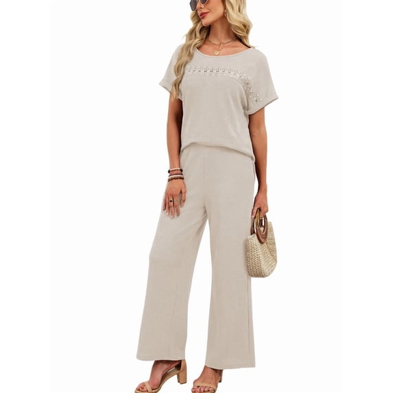 Two Piece Sets for Women Summer Travel Vacation Outfits Cap Sleeve Lounge Matching Sets Wide Leg Pants Color L