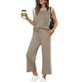 thumbnail image 1 of Two Piece Sets for Women Summer Travel Vacation Outfits Pleated Cap Sleeve Sweatsuit Side Slit Wide Leg Pants, 1 of 6