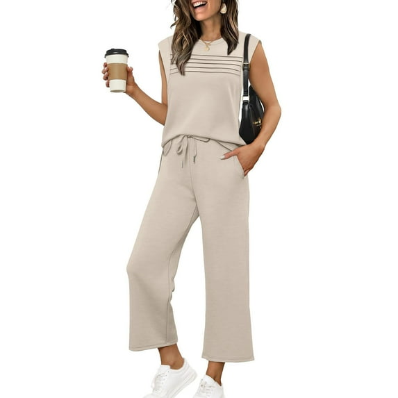 Two Piece Sets for Women Summer Travel Vacation Outfits Pleated Cap Sleeve Sweatsuit Side Slit Wide Leg Pants