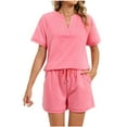 thumbnail image 1 of Two Piece Sets for Women Summer V Neck Lounge Short Sets Short Sleeve Drawstring Sweatsuit with Pockets, 1 of 8