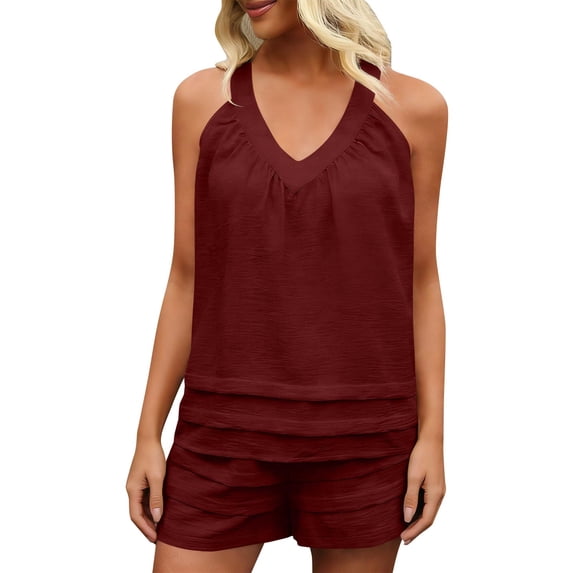 Two Piece Sets for Women Summer V Neck Ruched Tank Top and Shorts Loungewear Travel Outfits