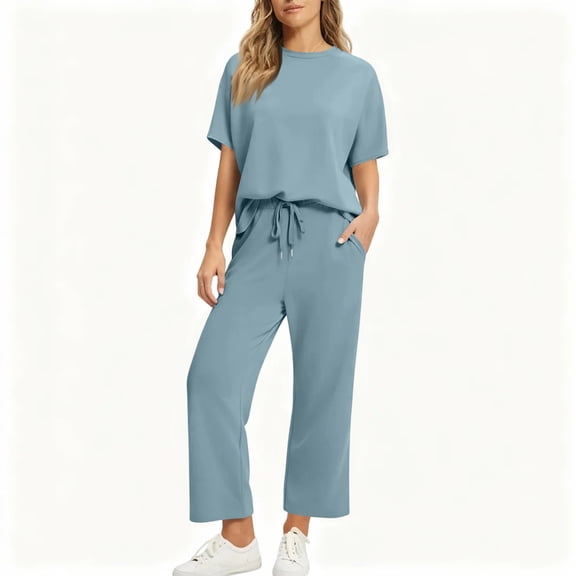 Two Piece Sets for Women Summer Vacation Outfits Short Sleeve Tops Lounge Matching Sets Clothing Beach Fashion Clothes Mint Green S