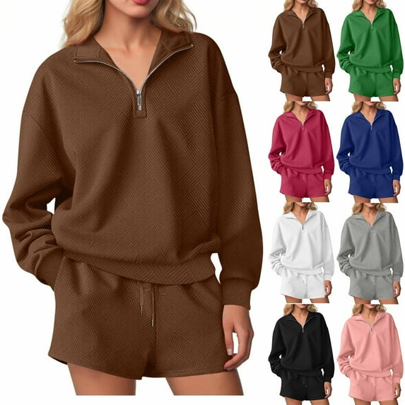 Two Piece Sets for Women Trendy V-Neck with Zipper Long Sleeve Short Pants Lounge Sets for Women Outfits Loungewear Green S