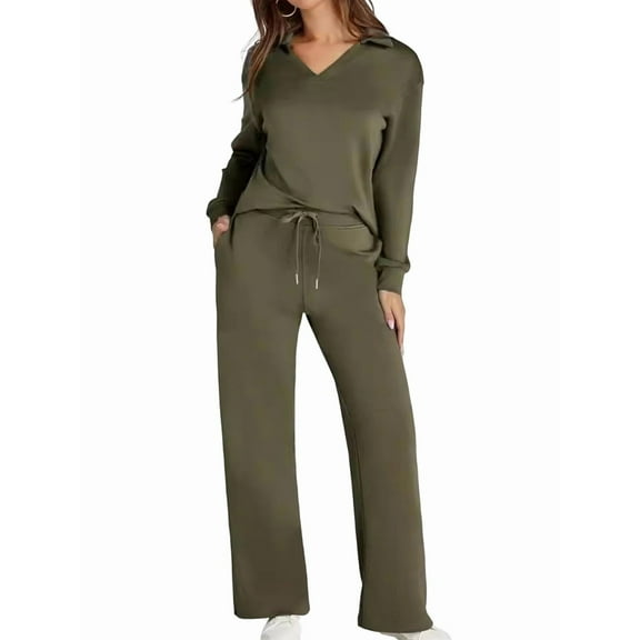 Two Piece Sets for Women V Neck Casual Matching Sets Loungewear Fall Clothes Travel Outfits Fashion Green M