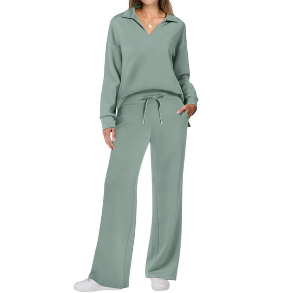 Two Piece Sets for Women V Neck Casual Matching Sets Loungewear Fall Clothes Travel Outfits Fashion Green S