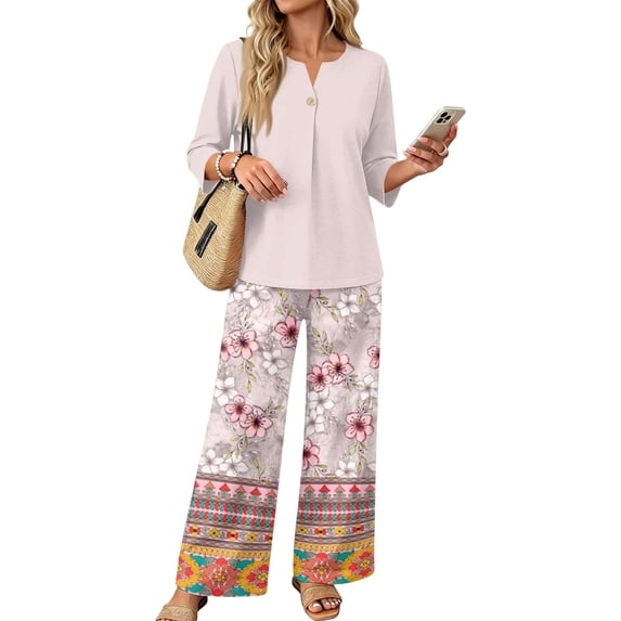 Two Piece Sets for Women Wide Leg Pants and V Neck Three Quarter Sleeve Shirt Airport Beach Vacation Clothes