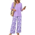 thumbnail image 1 of Two Piece Sets for Women Wide Leg Pants and V Neck Three Quarter Sleeve Shirt Airport Beach Vacation Clothes, 1 of 5