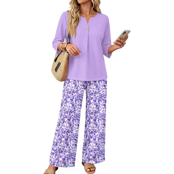 Two Piece Sets for Women Wide Leg Pants and V Neck Three Quarter Sleeve Shirt Airport Beach Vacation Clothes