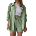 thumbnail image 1 of Two Piece Sets for Women,Women's Casual 2 Piece Outfit -Linen Long Sleeve Button Shirts Matching High Waist Drawstring Shorts Sets, 1 of 6