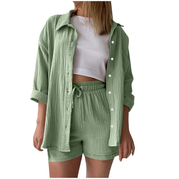 Two Piece Sets for Women,Women's Casual 2 Piece Outfit -Linen Long Sleeve Button Shirts Matching High Waist Drawstring Shorts Sets
