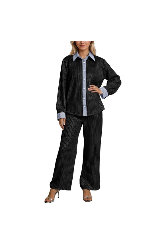 Two Piece Sets for Women with Sequins Button Long Sleeve Shirt Wide Leg Pants Tracksuit Outfit Suits for Dressy Party