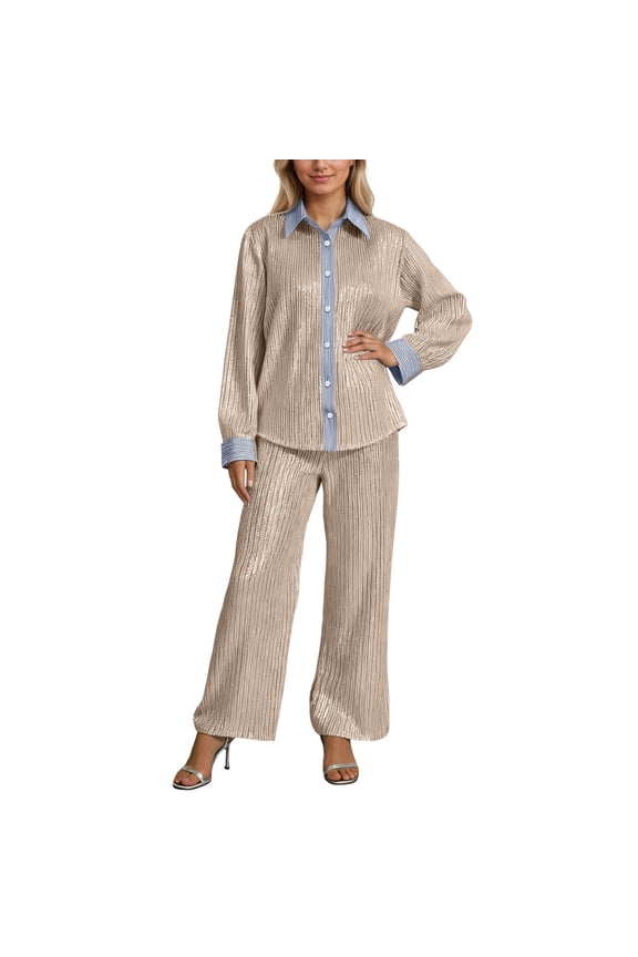 Two Piece Sets for Women with Sequins Button Long Sleeve Shirt Wide Leg Pants Tracksuit Outfit Suits for Dressy Party