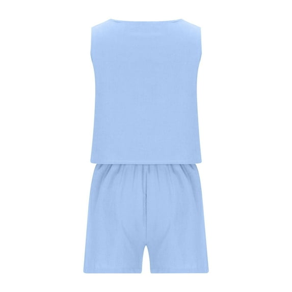 Two Piece Short Set for Women Casual Loose 2 Piece Summer Outfits Linen Squared Neck Sleeveless Tank Tops and Shorts Sets Two Piece Vacation Outfits Matching Sets R-Light Blue