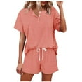 thumbnail image 1 of Two Piece Short Set for Women Summer Outfits Button Short Sleeve Crew Neck Tops with Drawstring Elastic Waist Shorts with Pockets Two Piece Outfits K-Orange, 1 of 5