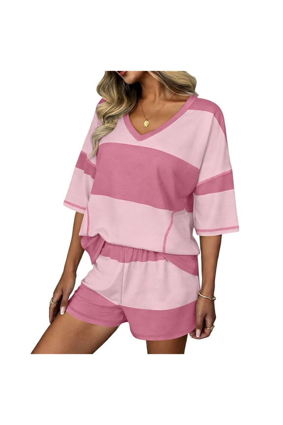 Two Piece Shorts Set For Women Summer Casual Striped V Neck Short Sleeve Top And Pocket Shorts Outfit For Vacation Lounge Travel Matching Outfit Beach Cruise Airport Style