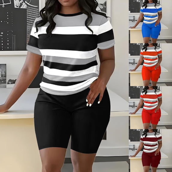 Two Piece Shorts Set for Women Plus Size Summer Stripe Airport Travel Outfits Casual Top and Shorts Sets Matching Clothing Vacation Outfits