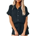 thumbnail image 1 of Two Piece Shorts for Womens Cotton Linen Sets Fashion Summer Outfits Lounge Wear Matching Set Collared Short Sleeve Button Down Shirts Tops and Drawstring Short Pant Beach Vacation Tracksuits, 1 of 6