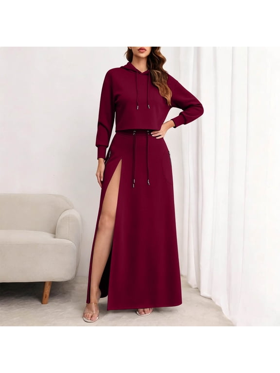 Two Piece Skirt Outfit for Women Cropped Long Sleeve Hooded High Slit Drawstring Maxi Skirt with Zip Pockets Stretchy Casual Two Piece Set Wine L