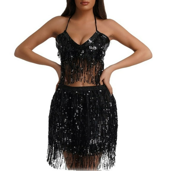 Two Piece Skirt Set Belly Dance Performance Jazz Sleeveless Solid Tassel Top Skirt Suit Womens Summer Outfits Black L