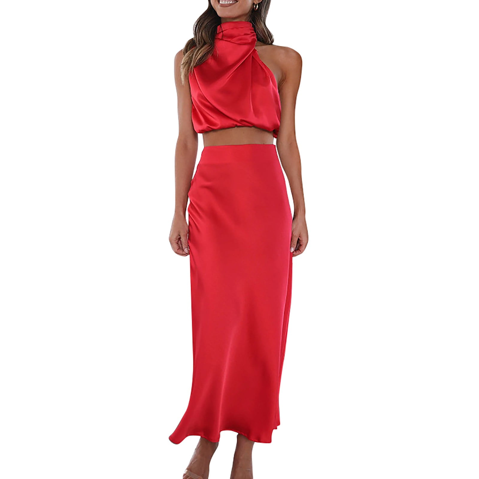 Red Ruffle Two Piece Top And Skirt Set With Spaghetti Straps For Women Summer Cotton Blend main image 0