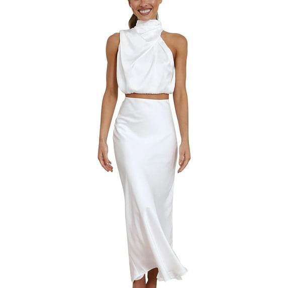 Two Piece Skirt Set Formal Satin Neck Sleeveless Solid Flowy Maxi Tank Top and Skirt Womens 2 Piece Outfits Summer White L