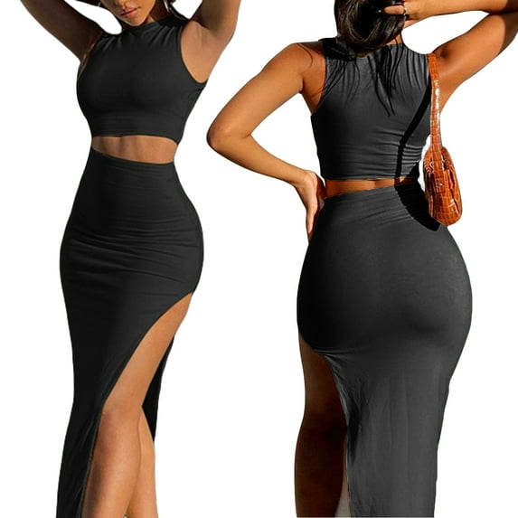 Two Piece Skirt Set Women's Suit y2k Clothes Summer 2023 Sexy Outfit Cropped Top and Split Skirt Chic Elegant Female Clothing