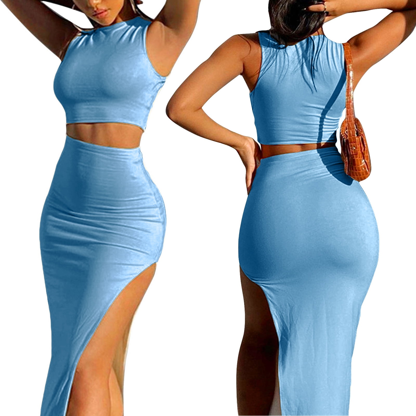 Two Piece Skirt Set Women's Suit y2k Clothes Summer 2023 Sexy Outfit  Cropped Top and Split Skirt Chic Elegant Female Clothing 