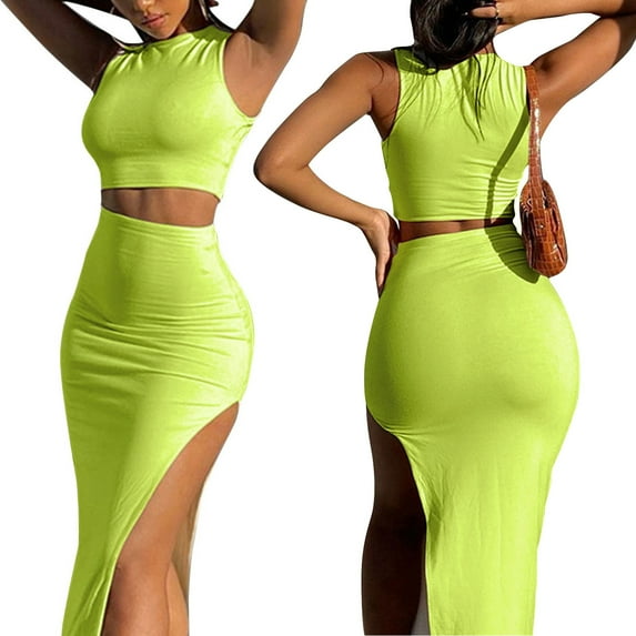 Two Piece Skirt Set Women's Suit y2k Clothes Summer 2023 Sexy Outfit Cropped Top and Split Skirt Chic Elegant Female Clothing