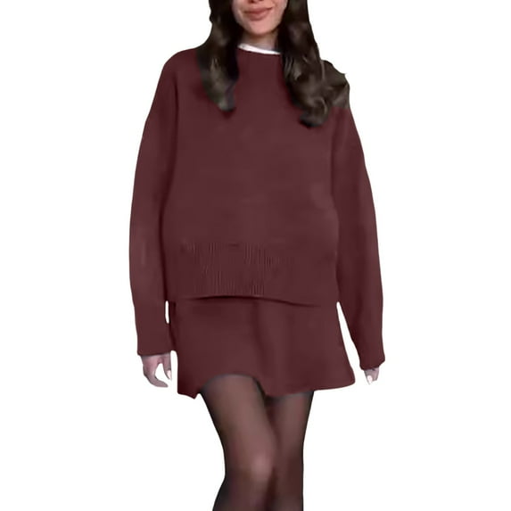 Two Piece Skirt Set for Women Crew Neck Long Sleeve Solid Sweater Tops Skirt Casual Suit Summer Outfits for Women 2025 XL