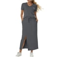 thumbnail image 1 of Two Piece Skirt Sets for Women Summer Casual Vacation Outfits V-Neck Top & Elastic Waist Midi Side Slit Skirt, 1 of 6