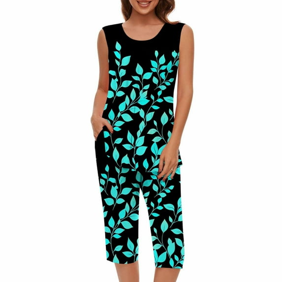 Two Piece Sleep Sets for Women Sleeveless Pjs for Women Set Loose Fit Tank Top and Dressy Capri Pants Women's Pajamas Sets
