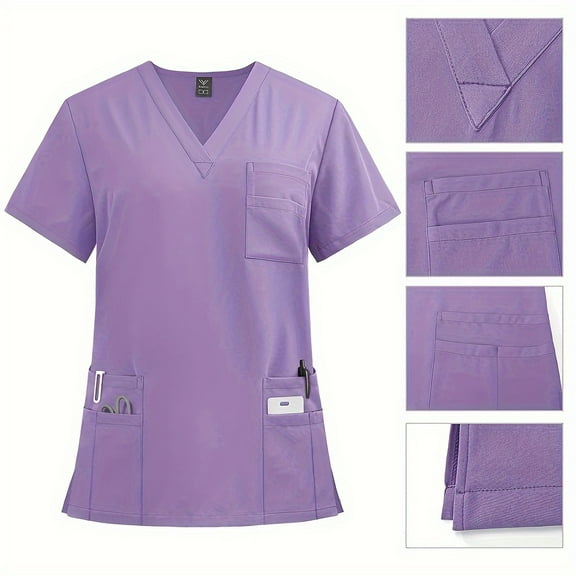 Two-Piece Solid Color Scrub Set - Short Sleeve with Pockets, Micro Elastic Polyester Fabric, Drawstring Pants - Medical & Health Care Uniform for Women, Casual Wear for All Seasons