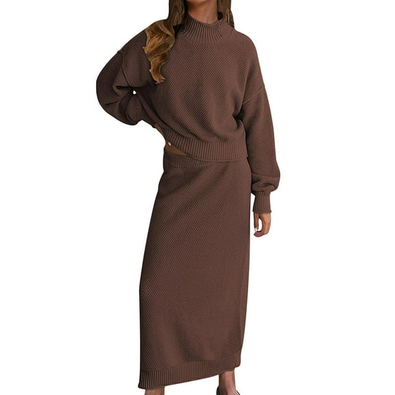 Two Piece Solid Soft Set for Women Long Sleeve Mock Neck Long Skirt Knitted Outfits Coffee M