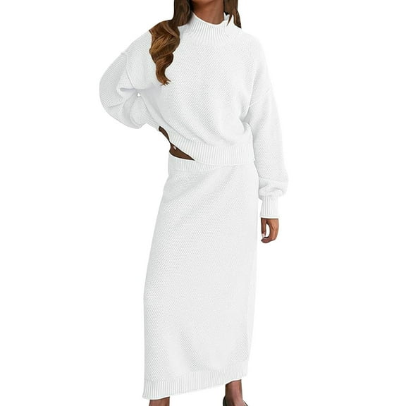 Two Piece Solid Soft Set for Women Long Sleeve Mock Neck Long Skirt Knitted Outfits White M