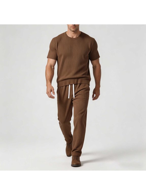 Two Piece Summer Casual Set for Men Short Sleeve Top and Relaxed Pants Outdoor Plans Travel Vacation Days Wear Home Lounging Coffee M