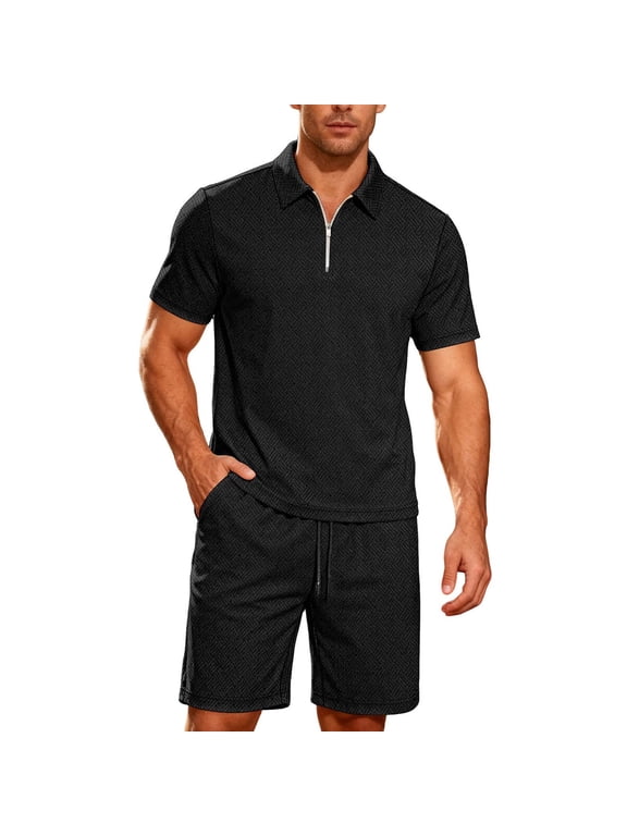 Two Piece Summer Outfit Mens Vacation Short Sleeve Tshirts & Shorts Matching Set 1/4 Zip Collar Clothes (2XL, Black)