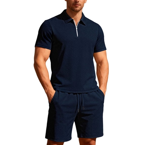 Two Piece Summer Outfit Mens Vacation Short Sleeve Tshirts & Shorts Matching Set 1/4 Zip Collar Clothes (3XL, Navy)