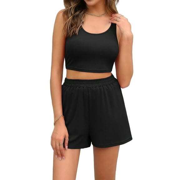 Two Piece Summer Outfits 2 Piece Sets 2025 Matching Lounge Crop Top High Waisted Short Black L