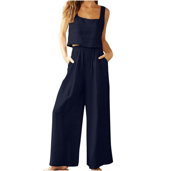 Two Piece Summer Set for Women Square Neck Tank Tops with Wide Leg Pants Casual Outfits Trendy 2025 Lounge Clothes