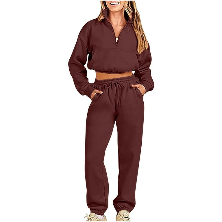 Two Piece Summer Sets For Women Color Cardigan Hooded Pants Casual Fashion  Long Sleeved Sweater Set Long-sleeved T-shirt and long pants Brown L