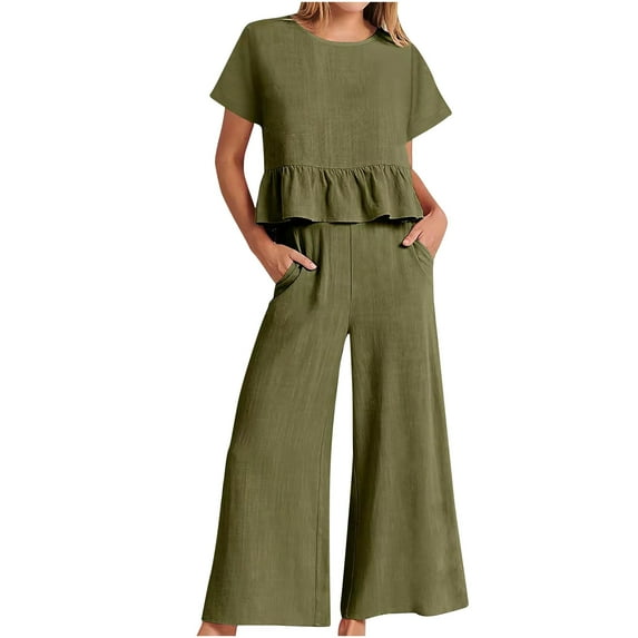 Two Piece Summer Sets Plus Size Short Sleeve Solid Color Comfy Lounge Set Round Neck Softy Loose Fit Workout Set Casual Lightweight Ruffle Hem Fashion Daily Pajama Sets With Pocket（Army Green,2XL）