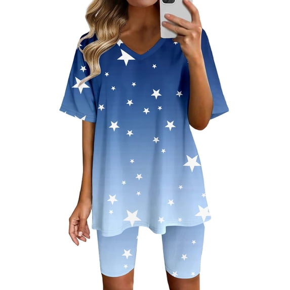 Two Piece Summer Sets Plus Size Women Fashion V-Neck Blouse Short Sleeve Tops Shorts Casual Suit Sets 2 Piece Beach Outfits for Women