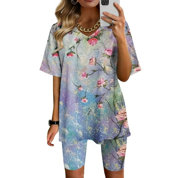 Two Piece Summer Sets Plus Size Women Fashion V-Neck Blouse Short Sleeve Tops Shorts Casual Suit Sets 2 Piece Beach Outfits for Women