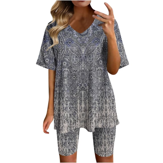 Two Piece Summer Sets Plus Size Women Two-piece Color-blocking V-Neck Short-sleeved Fashion Casual Suit 2 Piece Beach Outfits for Women