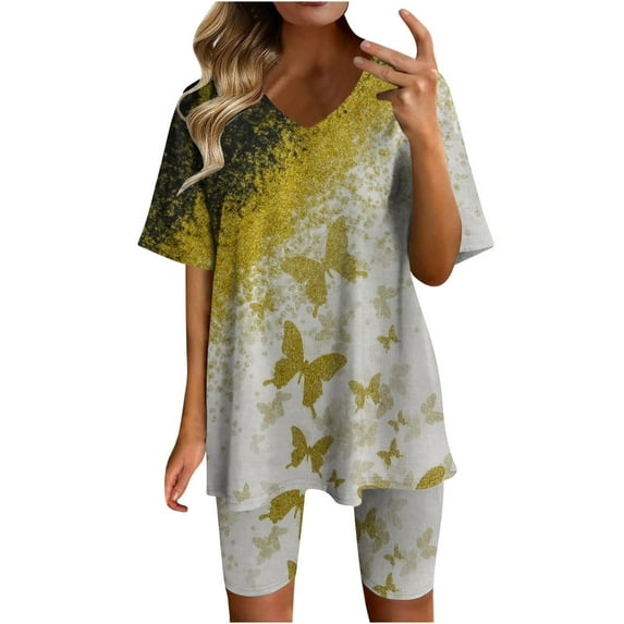 Two Piece Summer Sets Plus Size Women Two-piece Color-blocking V-Neck Short-sleeved Fashion Casual Suit 2 Piece Beach Outfits for Women