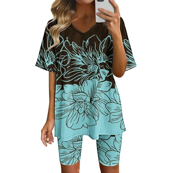 Two Piece Summer Sets Plus Size Women's Short Sleeve V-neck Tops Shorts Comfortable Homewear Two-piece Suit Sets 2 Piece Beach Outfits for Women