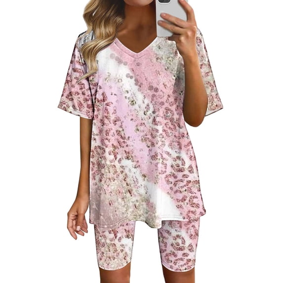 Two Piece Summer Sets Plus Size Women's Short Sleeve V-neck Tops Shorts Comfortable Homewear Two-piece Suit Sets 2 Piece Beach Outfits for Women