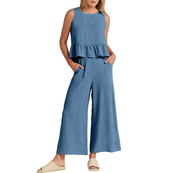 Two Piece Summer Sets Sleeveless Solid Color Comfy Lounge Set Round Neck button Back Loose Workout Set Casual Lightweight Suspender Trendy Pajama Sets With Pocket（Blue,XL）