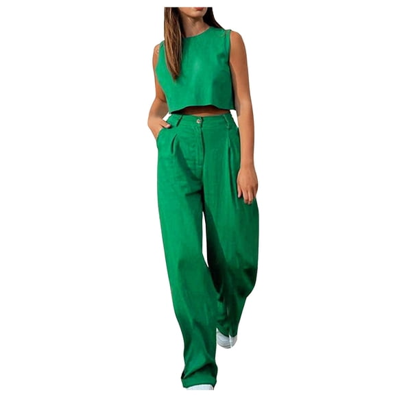 Two Piece Summer Sets for Women Two Piece Linen Sets for Women Clothing Set Female Round Neck Sleeveless Tops Pants Sets Long Pant Style S_556 Women's Tracksuits Green 4XL